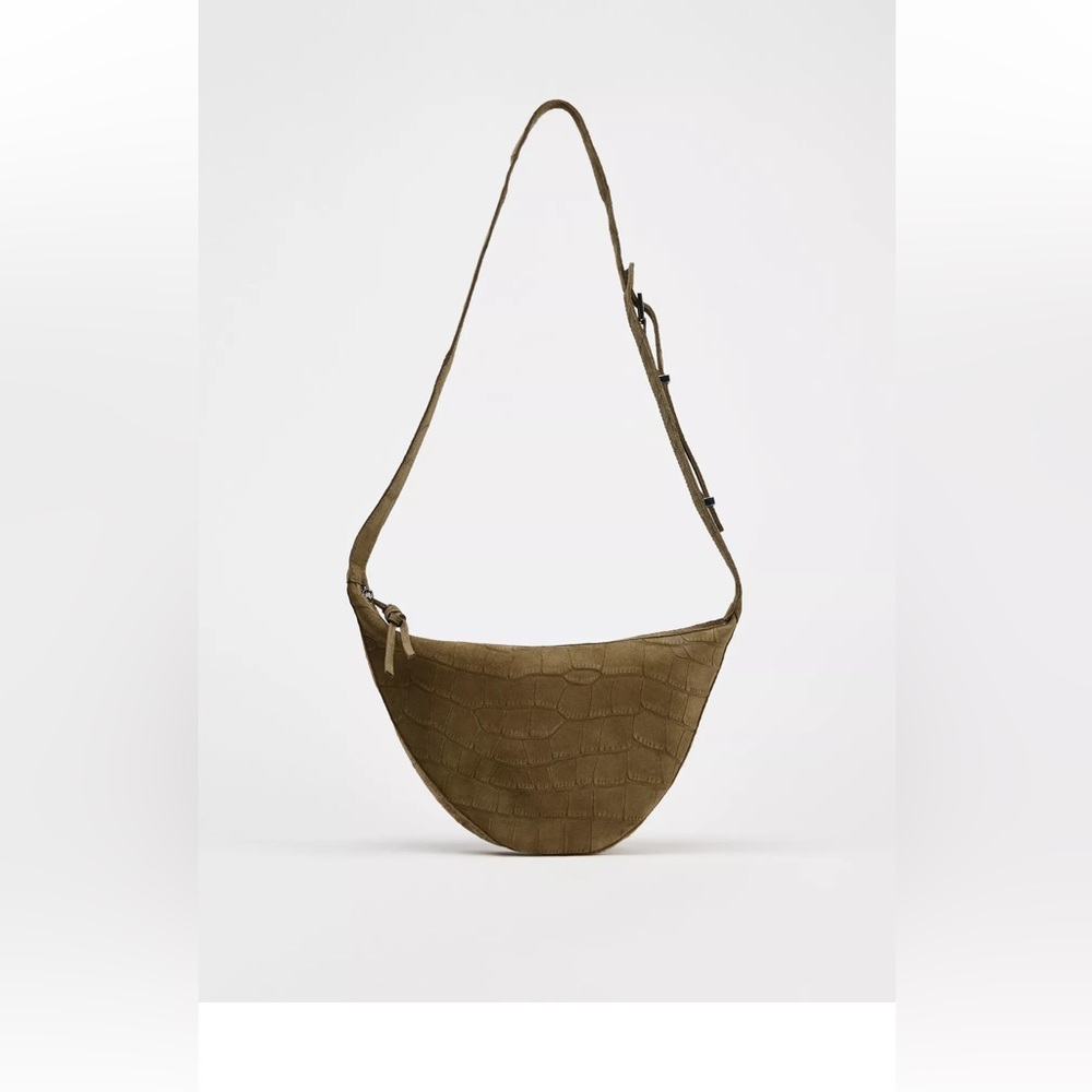 Zara Brown/ olive green Croc-Embossed Shoulder Bag